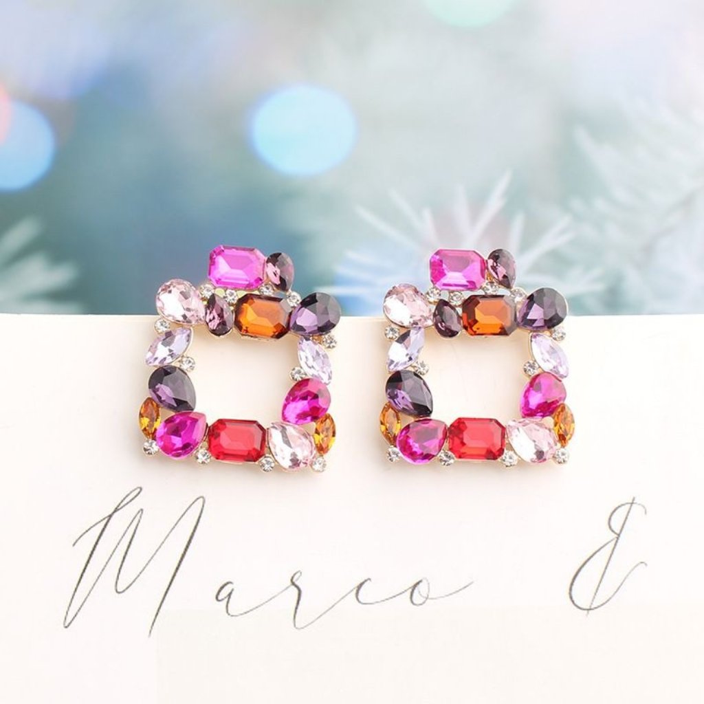 3/$35 Bohemian Square Golden Vintage Rhinestone Geometric Statement Earrings